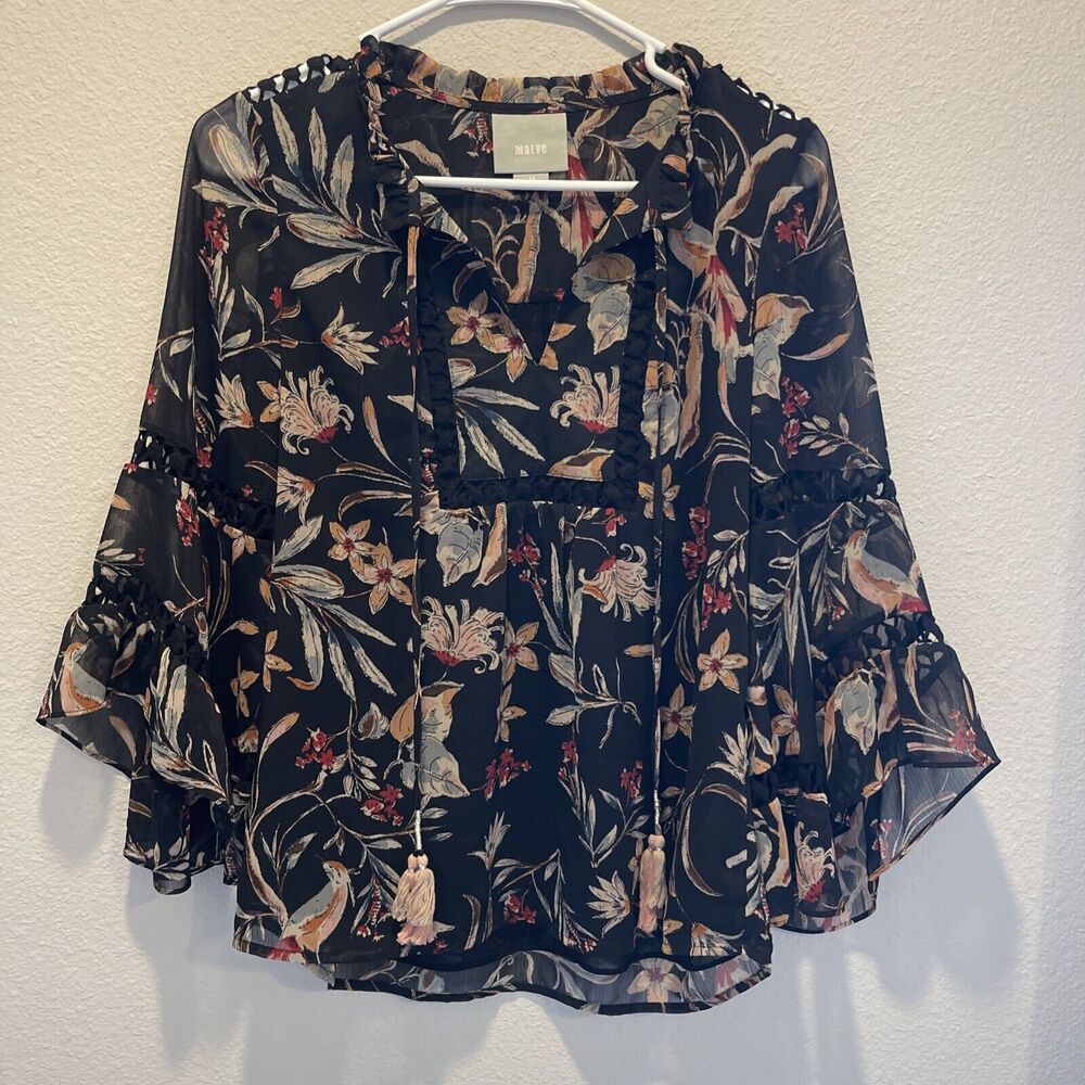 Maeve Anthropologie Women's XS Oversized Odette Floral Peasant Blouse Boho Flowy
